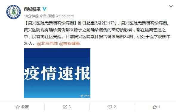 北京市西城区卫生健康委员会官方微博截图 北京复兴医院无新增确诊病例 20人仍处于医学观察中