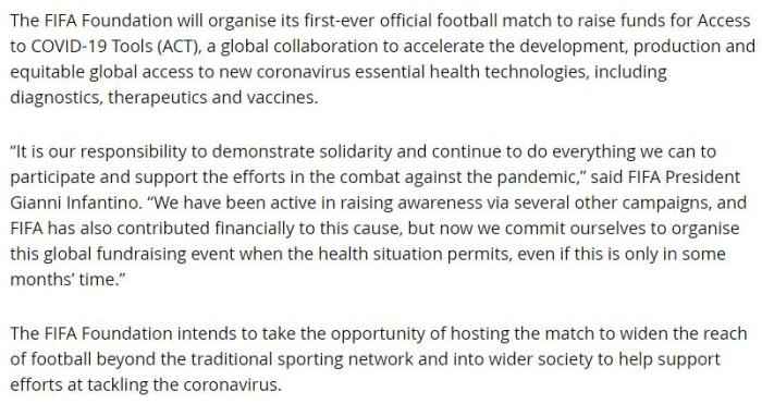 公告截图 共同抗疫 国际足联基金会将组织慈善赛募集捐款